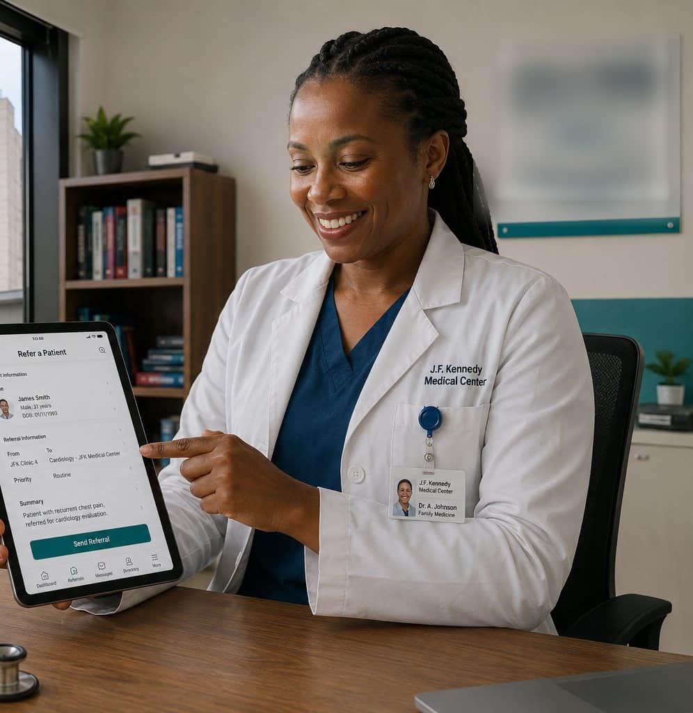 A clinician at a hospital reviewing a patient referral on a tablet